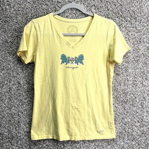Life Is Good T-Shirt Women’s Small Yellow Classic Fit V-Neck Short Sleeve - Picture 1 of 5